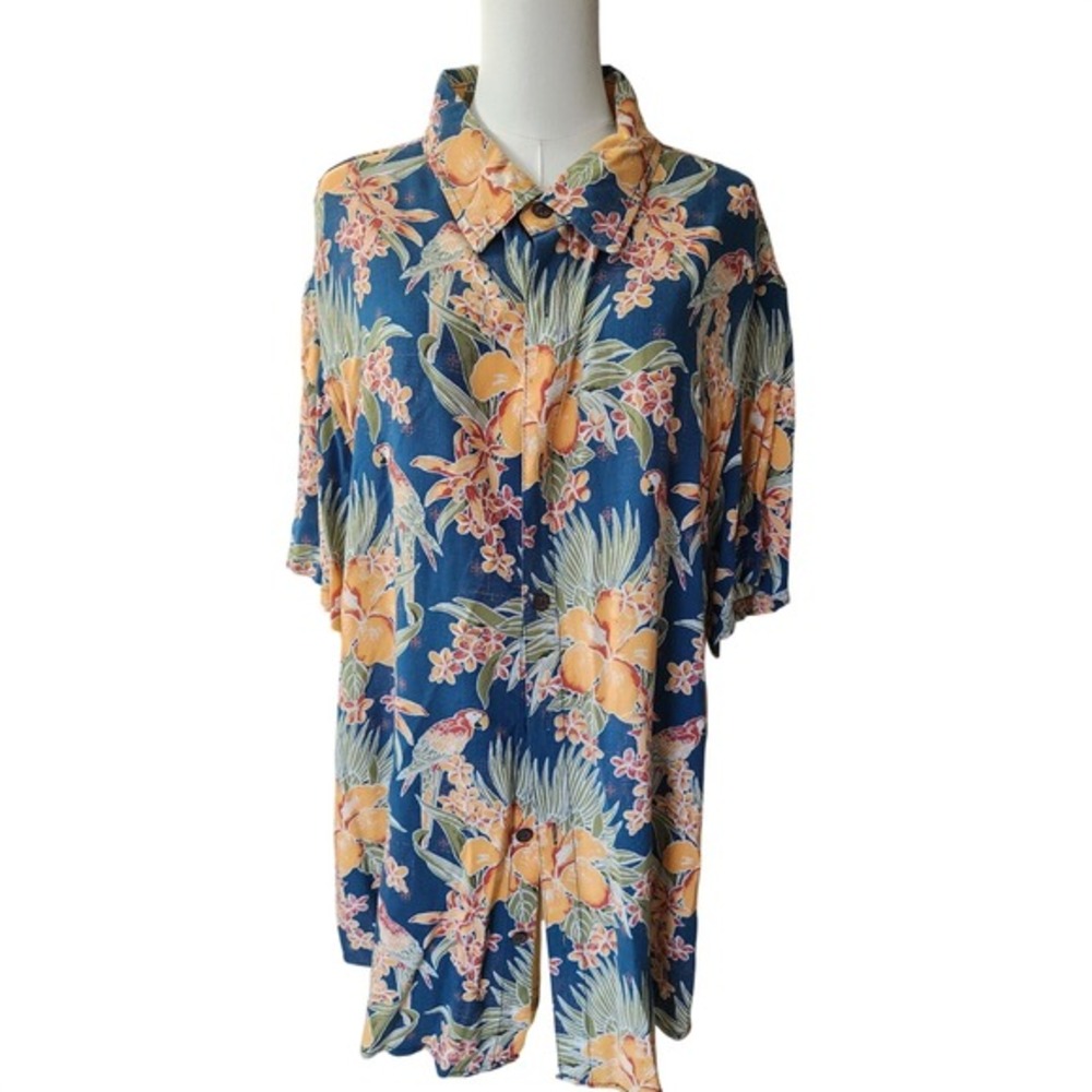Margaritaville Tropical Hawaiian Shirt Blue Floral Parrot‎ Men's XXL 100% Rayon